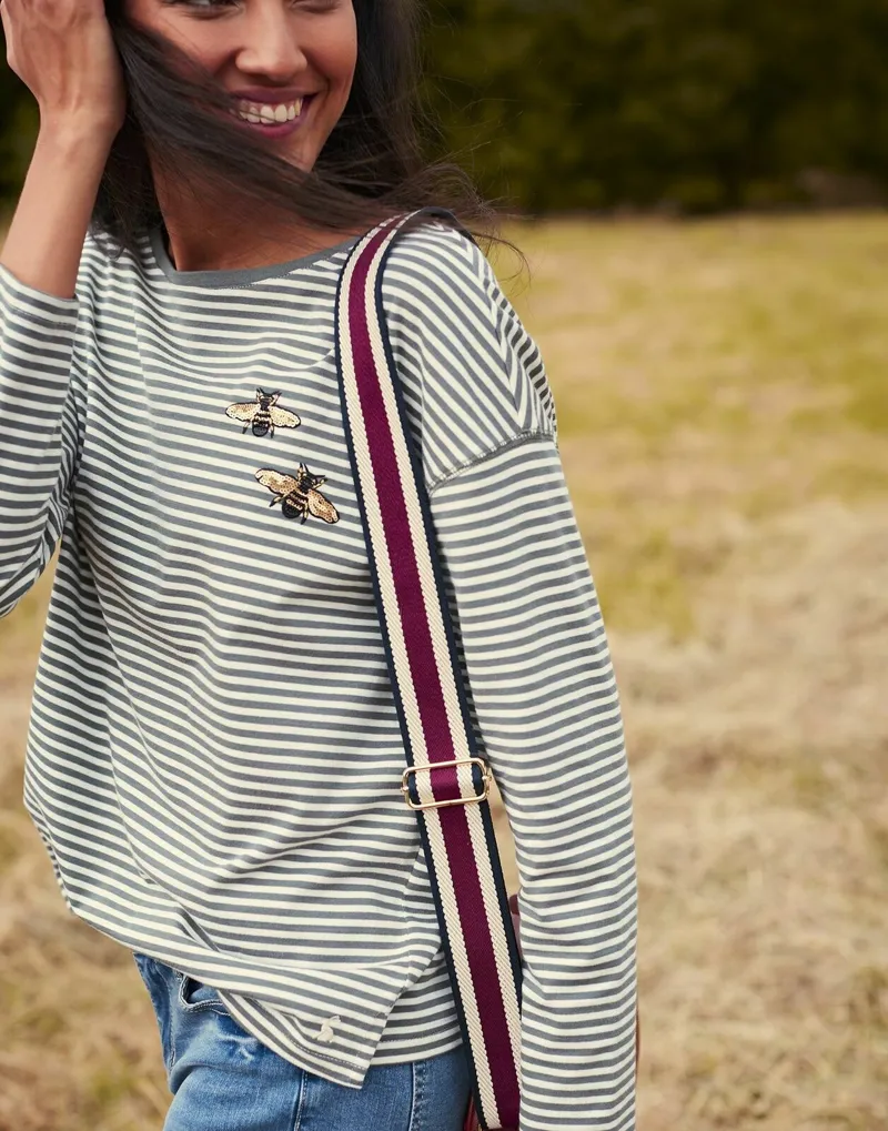 Joules Ladies Marina Embroidered Dropped Shoulder Green Cream Stripe Jersey Top-1